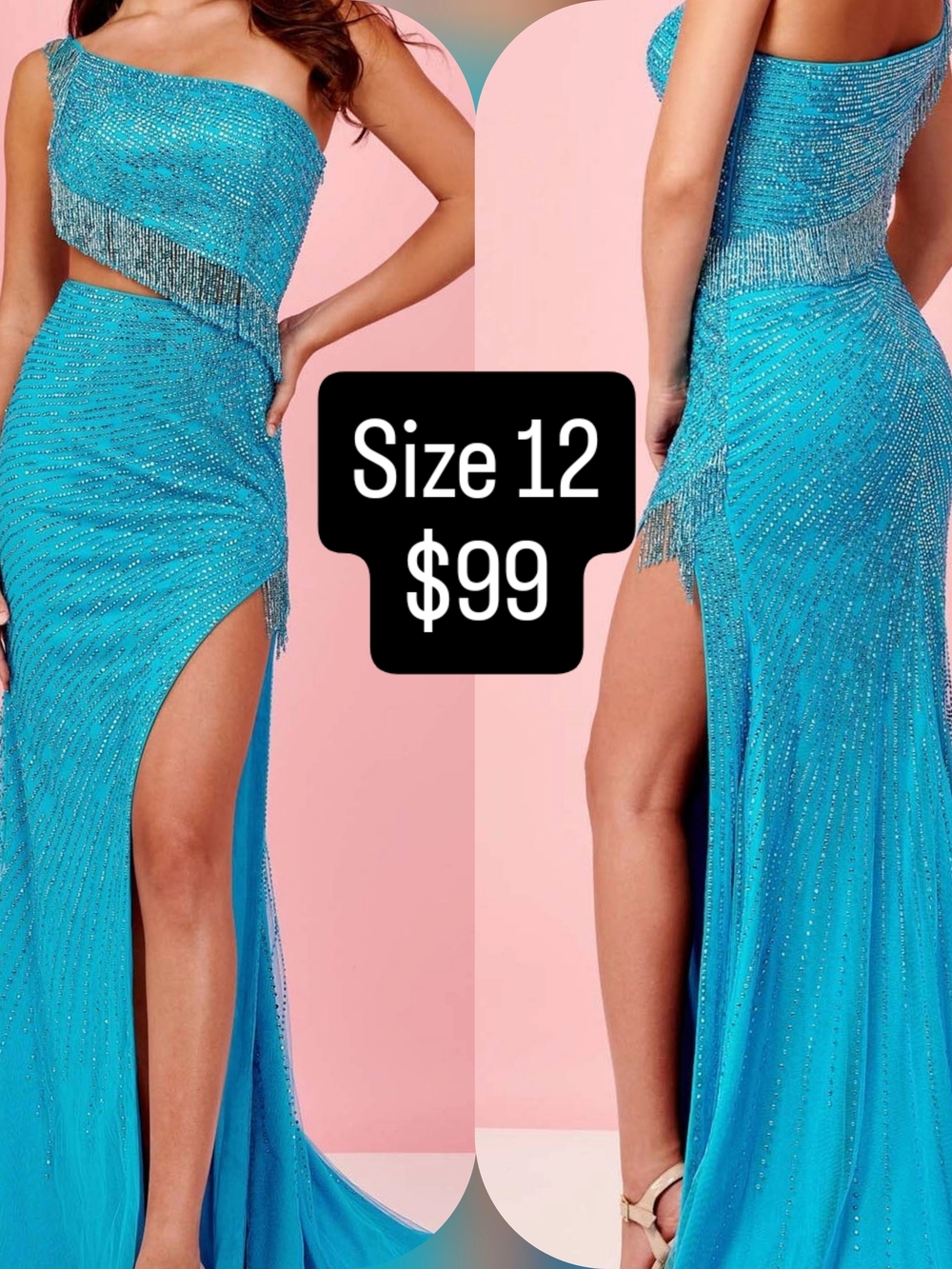 Rachel Allan Turquoise One-Shoulder Beaded Evening Gown